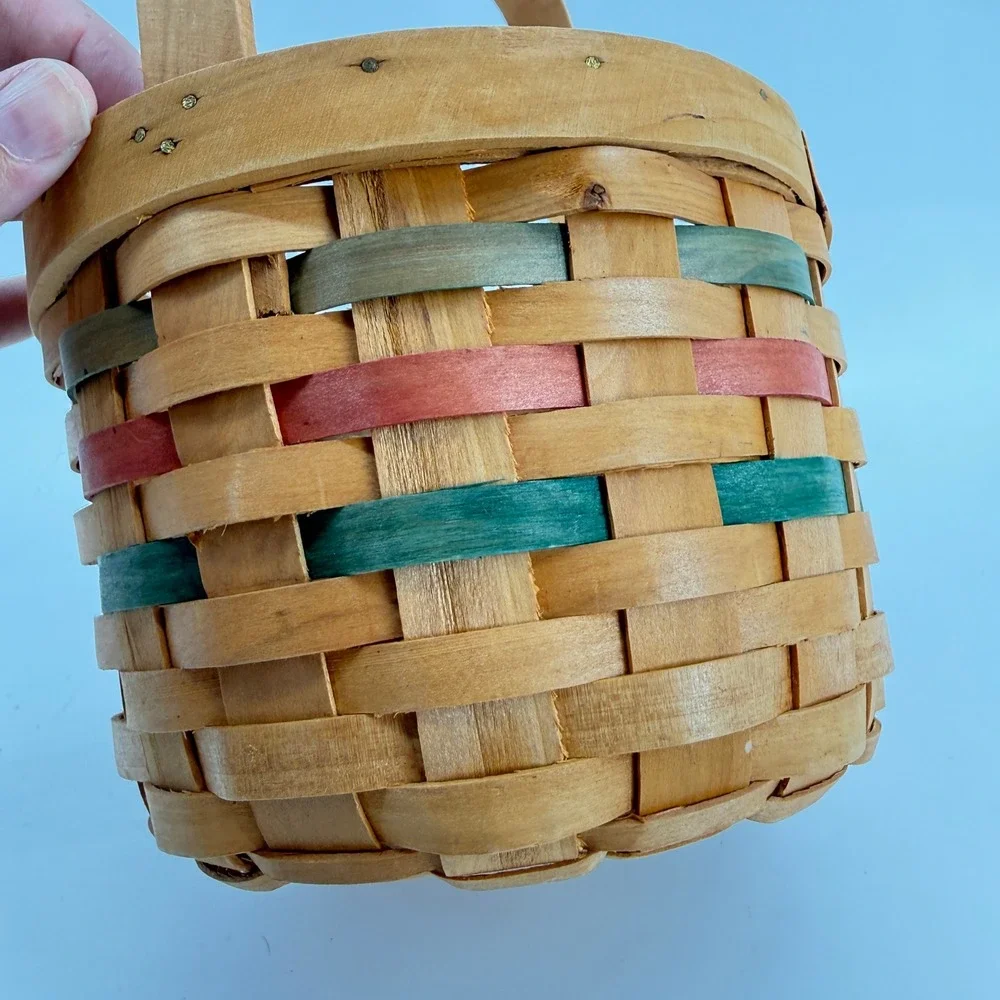 Vintage Woven Wood‎ Basket Small Tan Green Red Farmhouse Decor Handle Easter